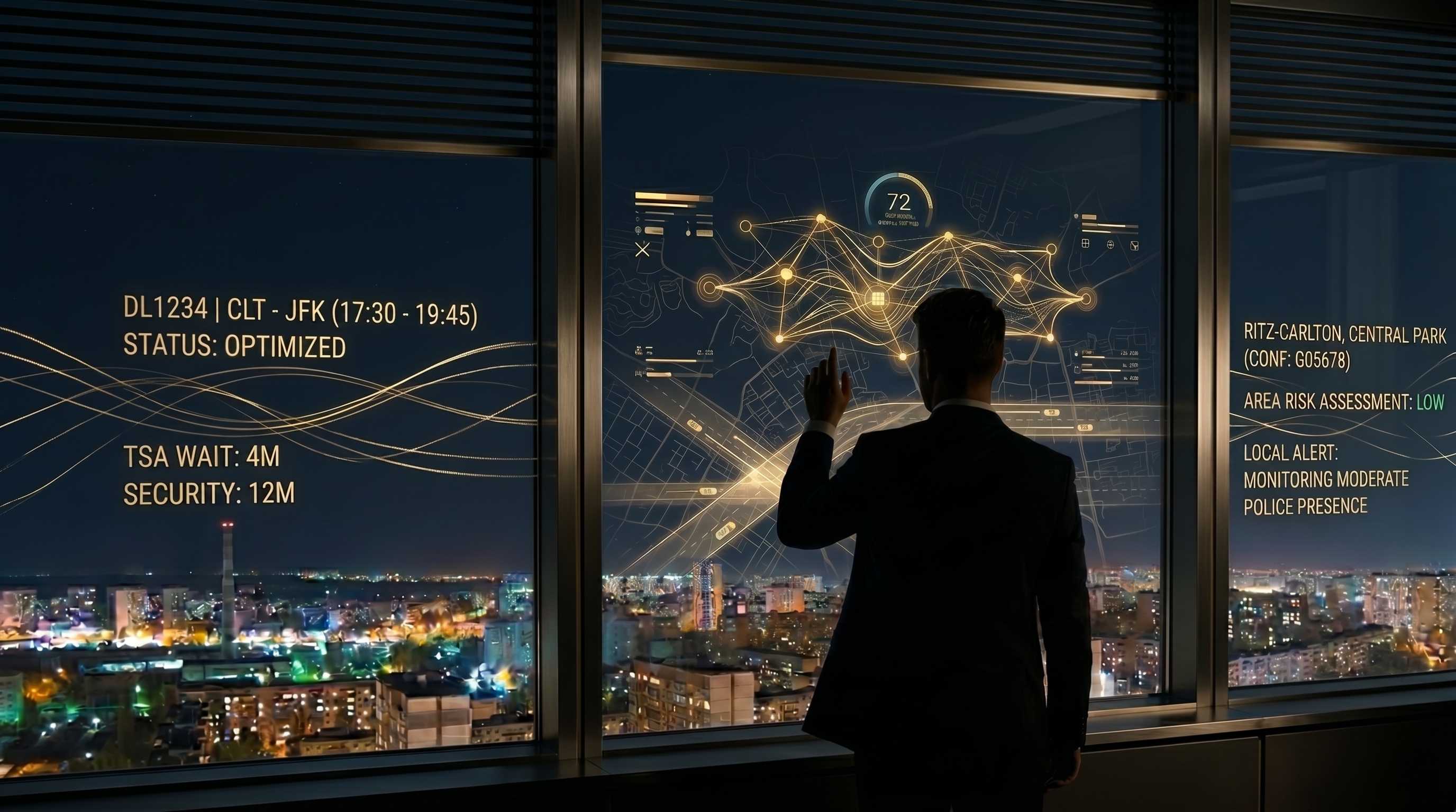 Executive viewing intelligent travel coordination and risk intelligence overlays.