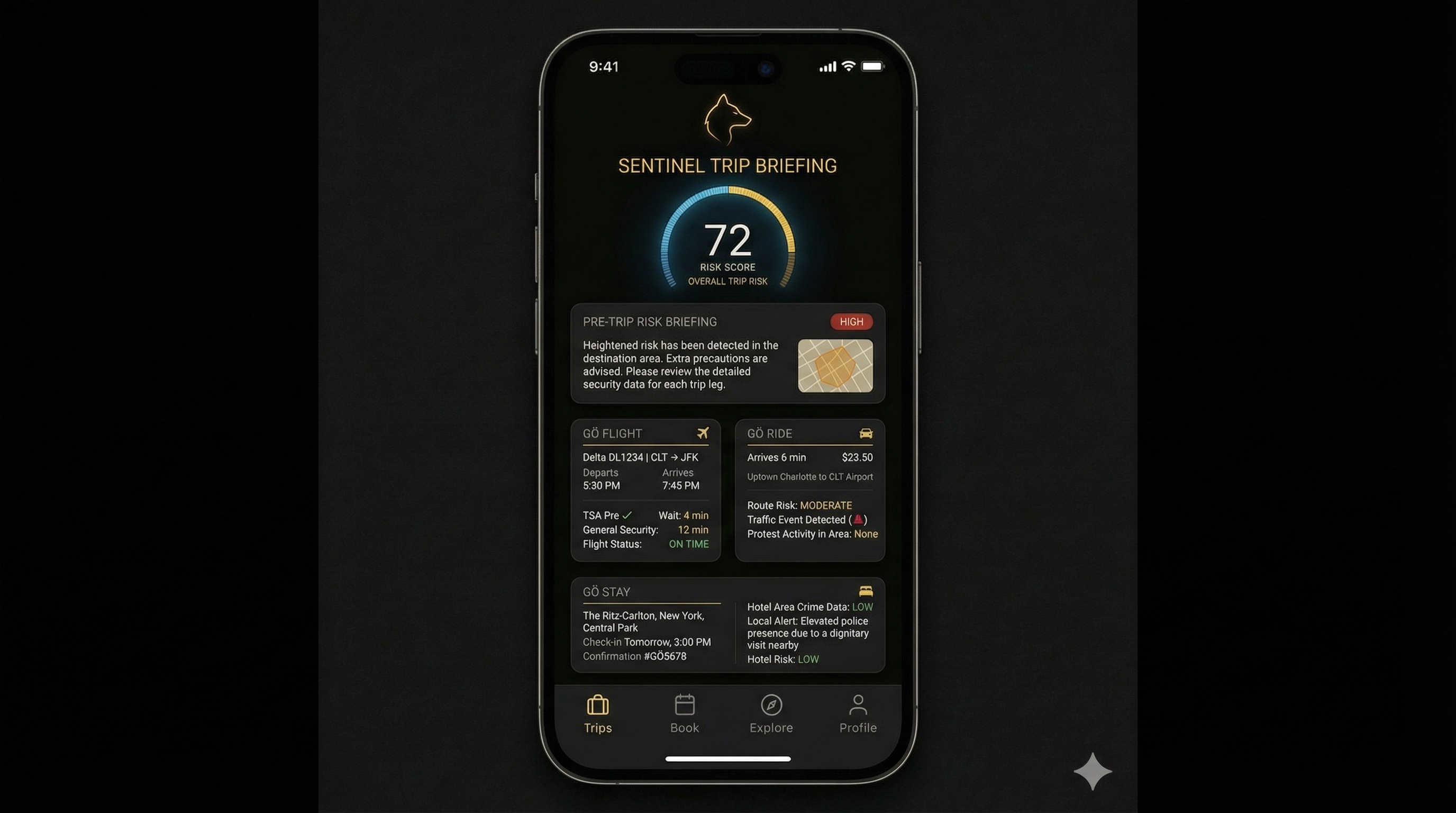 GÖ.AI SENTINEL trip briefing interface showing trip risk score and travel coordination.